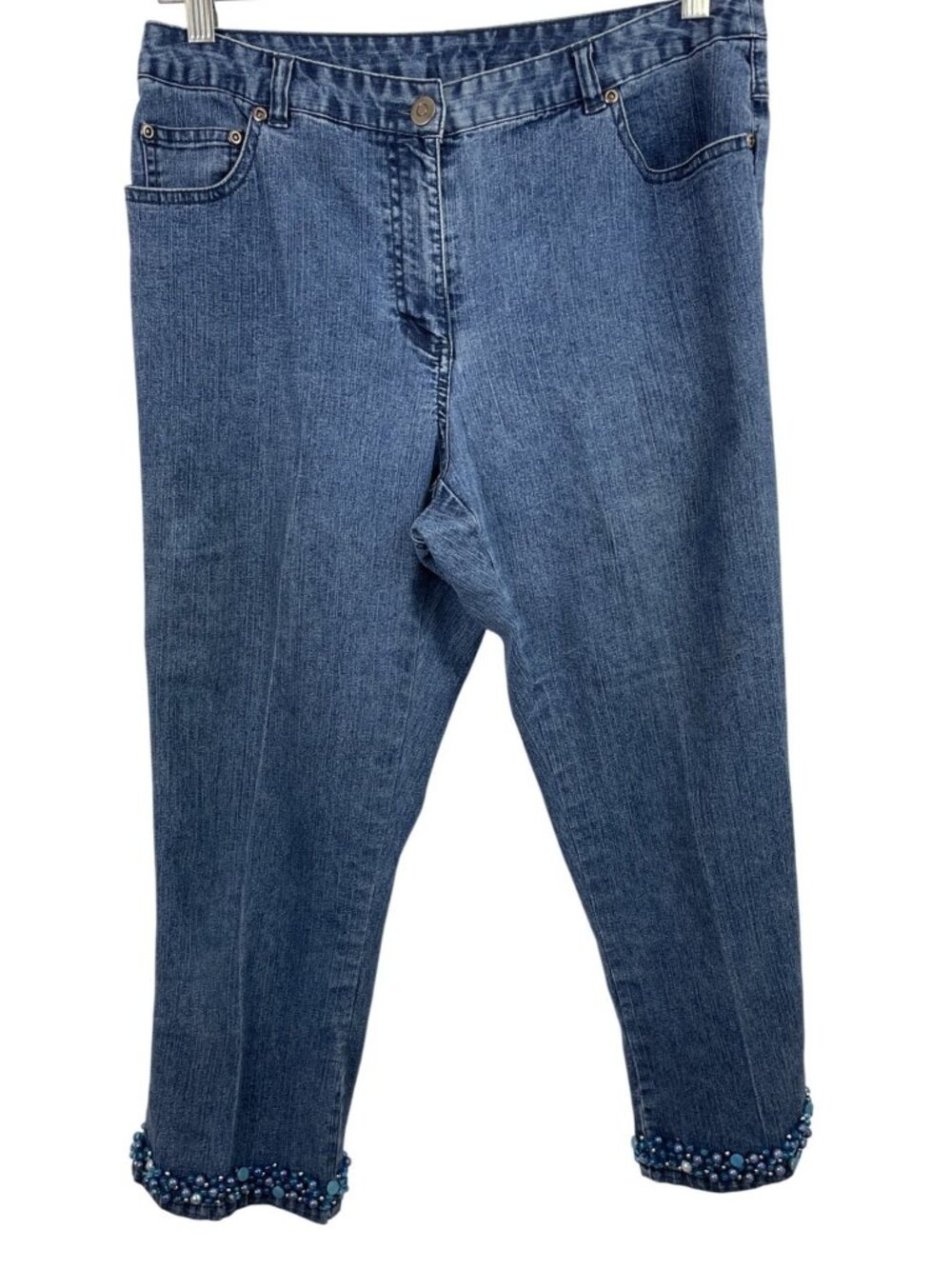 Ruby Rd Womens Blue Denim Jeans Stretch Capris Cropped Beaded Hem Womens Size 8